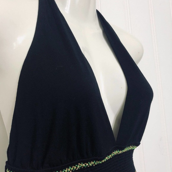 Marciano Boho Halter Top Shirred Plunge V-Neck Black Metallic Medium - Picture 2 of 7